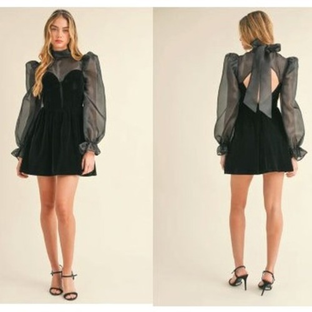 MABLE Organza Puff Sleeve‎ Velvet Black Dress S